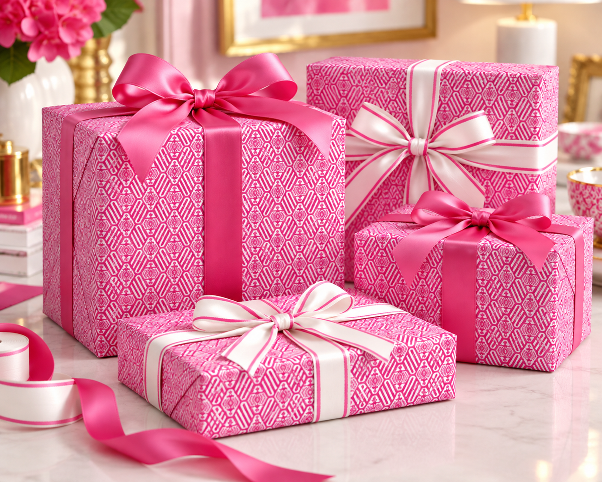 Gifts wrapped in hot pink geometric wrapping paper