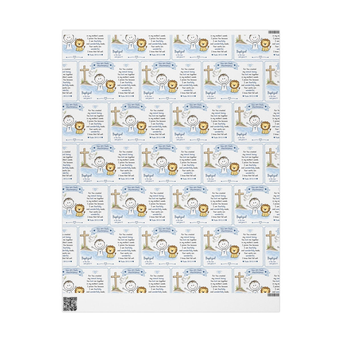 Christian Baby Boy Baptism Wrapping Paper | Psalm 139 Gift Wrap | Baptized in His Love Design | Religious Baby Shower Gift Wrap | Blue Baptism Paper for Faith & Baptism collection
