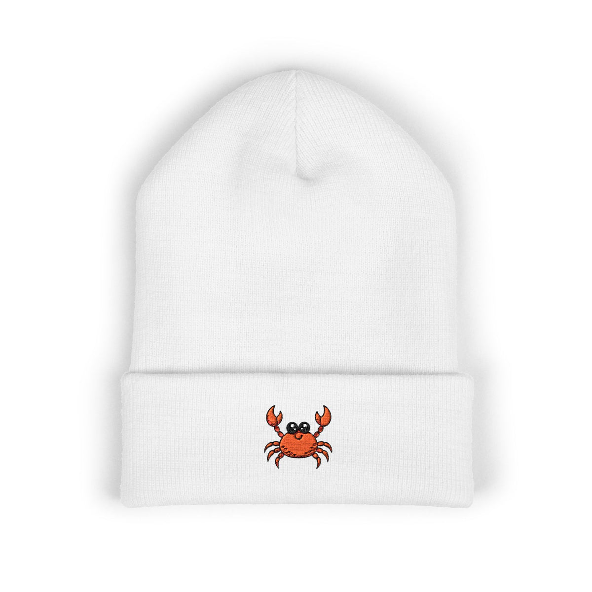 Embroidered Crab Cuffed Beanie — Cute Coastal Knit Hat