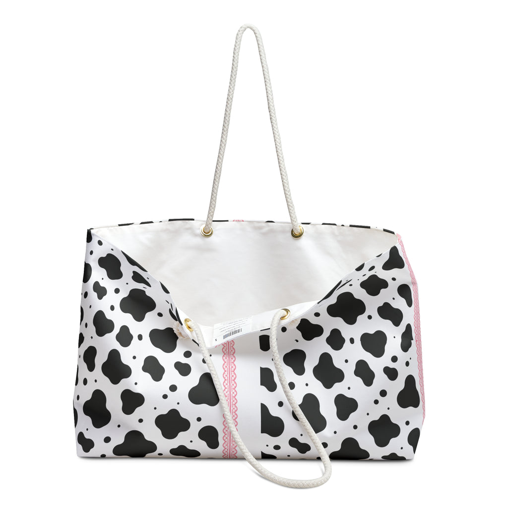 Cow Print Weekender Bag — Black & White Pattern with Pink Stripe