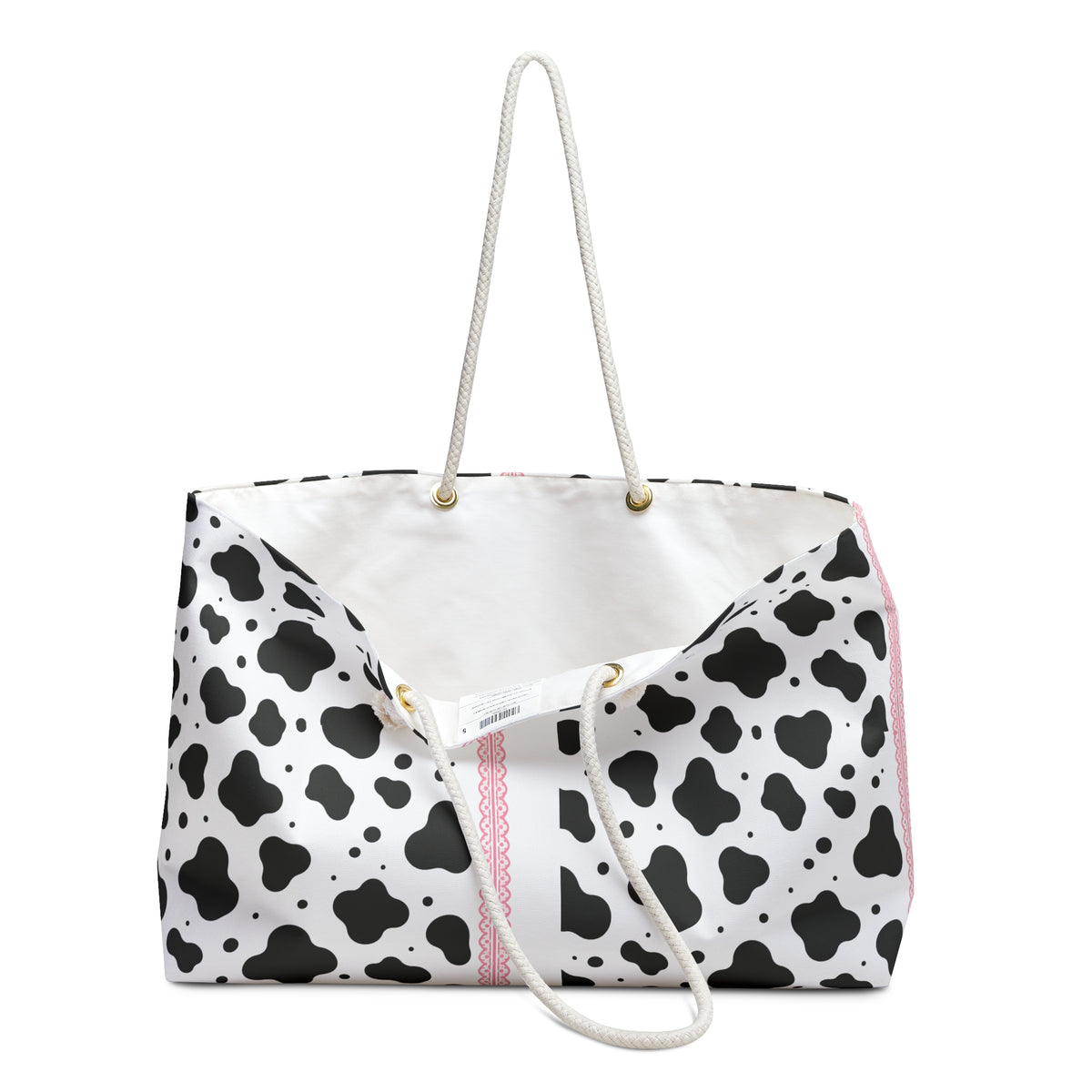 Cow Print Weekender Bag — Black & White Pattern with Pink Stripe