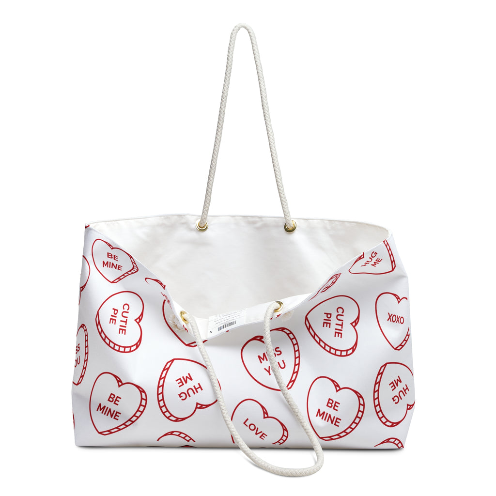 Valentine Conversation Hearts Weekender Bag — Cute Red Heart Candy Print