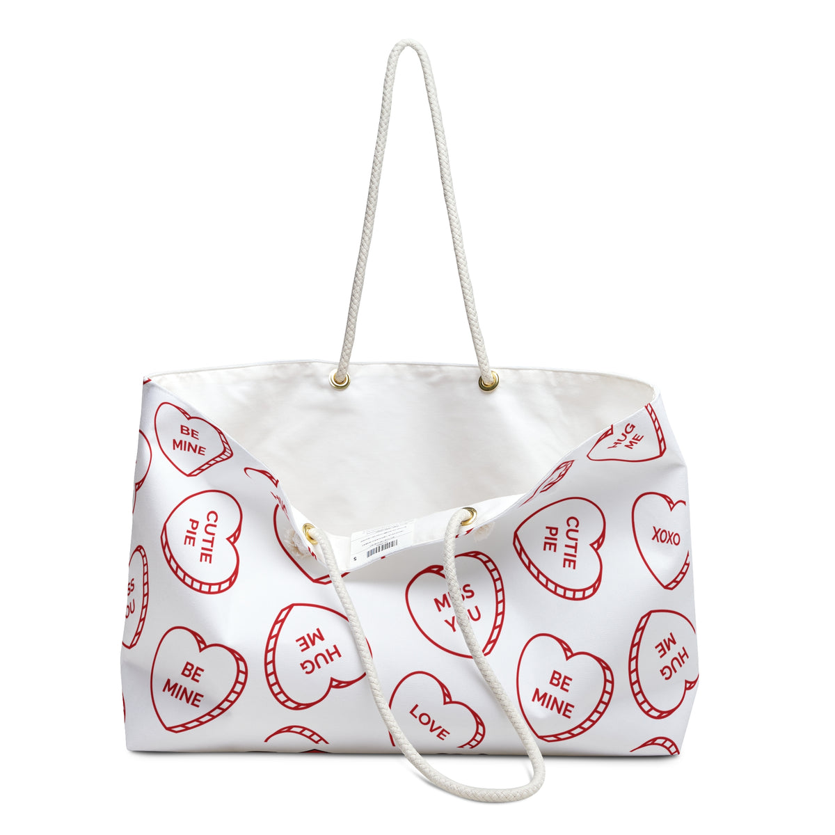 Valentine Conversation Hearts Weekender Bag — Cute Red Heart Candy Print