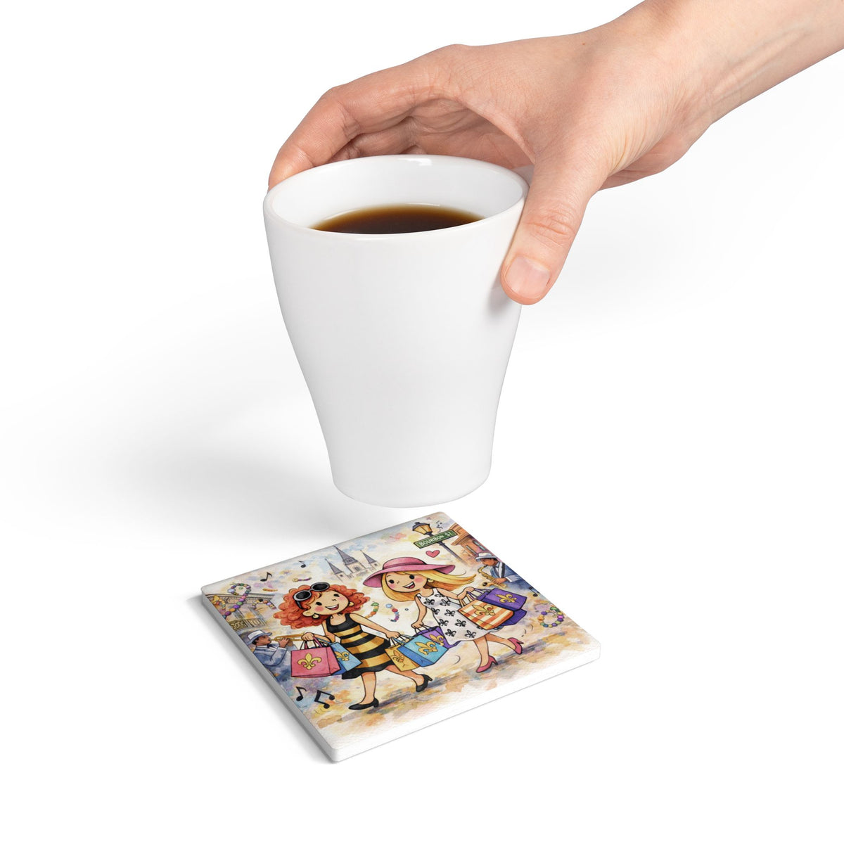 New Orleans "Shop Til' You Drop"  Ceramic Coaster – Bourbon Street Fleur-de-Lis Travel Souvenir