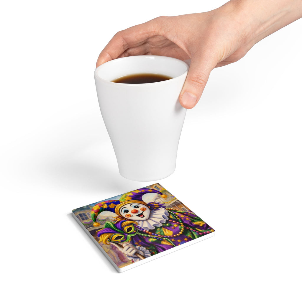 Mardi Gras Jester Ceramic Coaster — Colorful Carnival Mask & Beads Drink Coaster