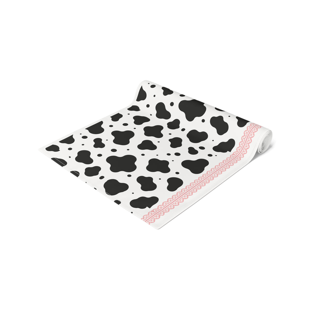 Cow Print Table Runner with Pink Trim — Farmhouse Cotton/Poly Dining Decor