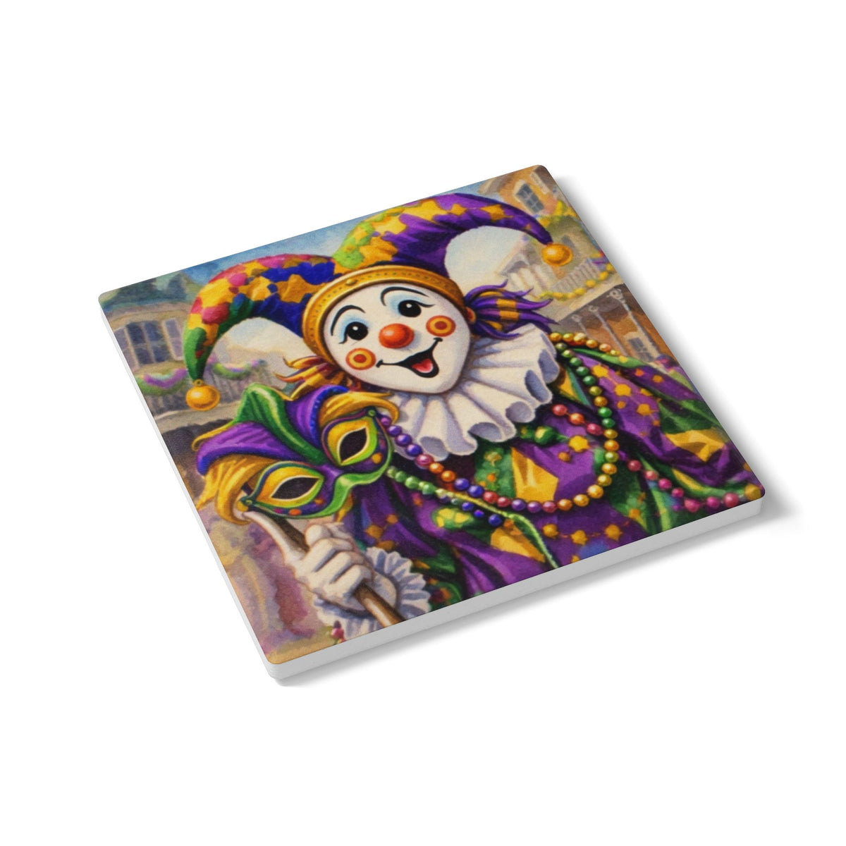 Mardi Gras Jester Ceramic Coaster — Colorful Carnival Mask & Beads Drink Coaster