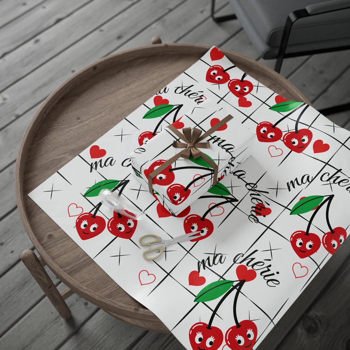 Cherry 'Ma Chérie' Wrapping Paper — Romantic Heart Pattern Gift Wrap