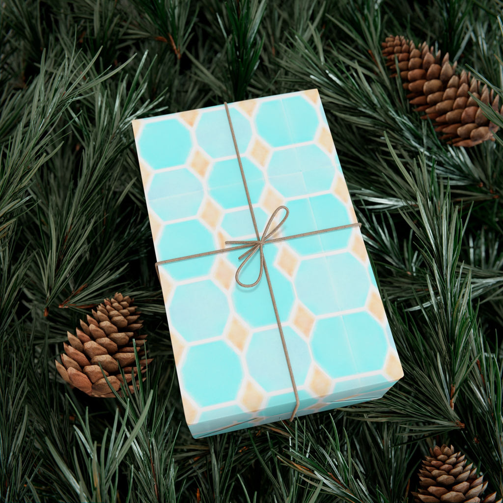 Gift Wrap Paper – Aqua Honeycomb Geometric Pattern (Turquoise & Coral)