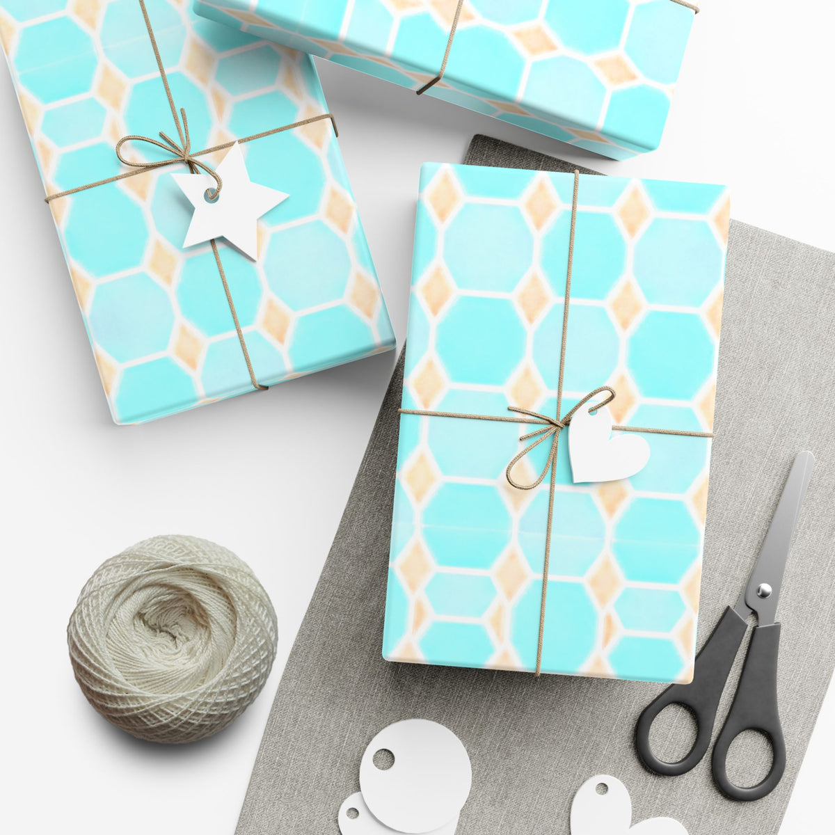Gift Wrap Paper – Aqua Honeycomb Geometric Pattern (Turquoise & Coral)