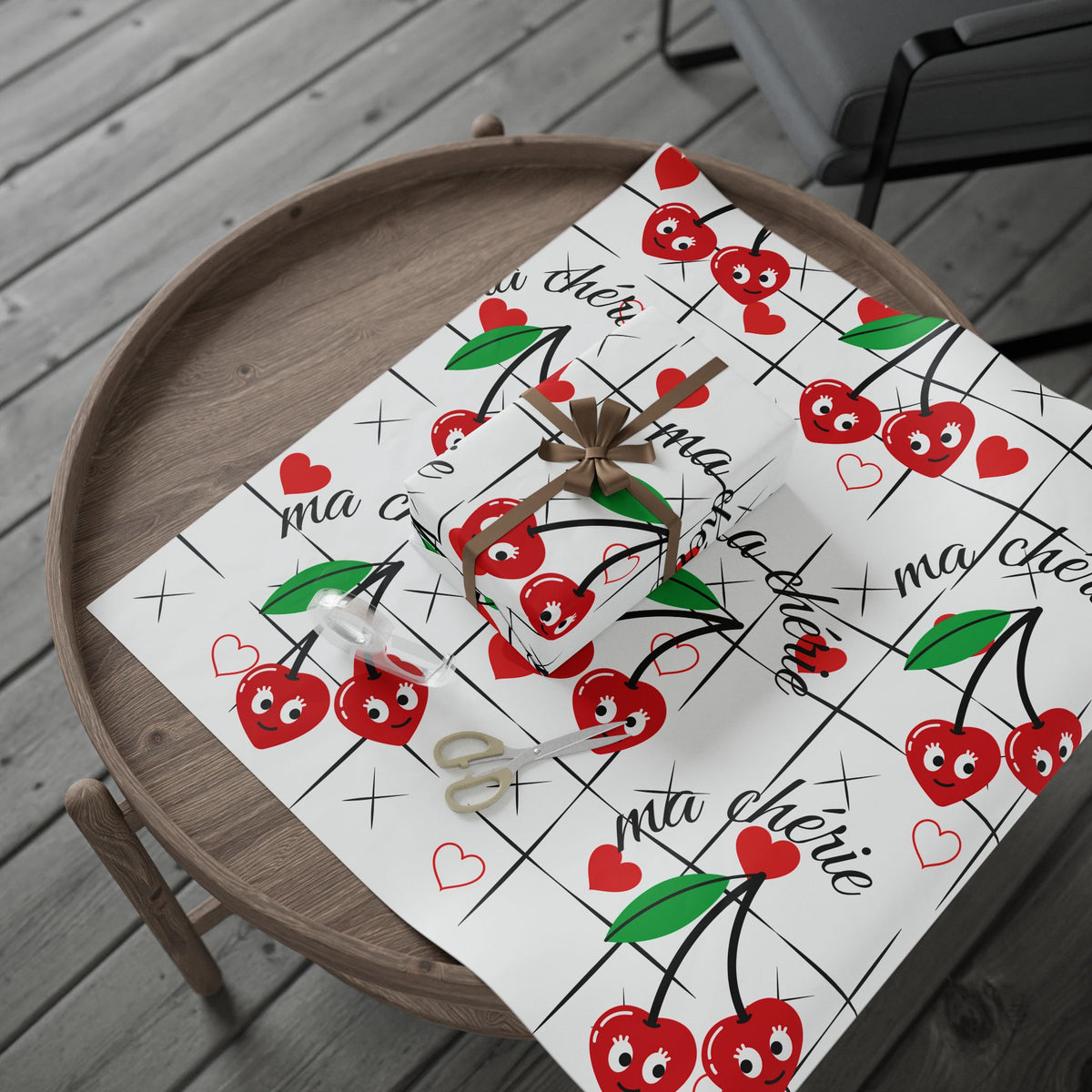 Cherry 'Ma Chérie' Wrapping Paper — Romantic Heart Pattern Gift Wrap