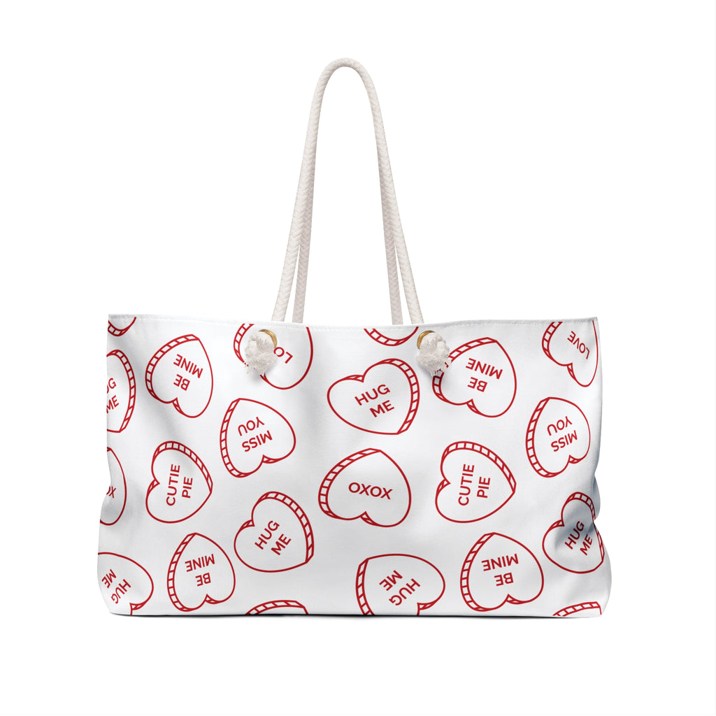 Valentine Conversation Hearts Weekender Bag — Cute Red Heart Candy Print