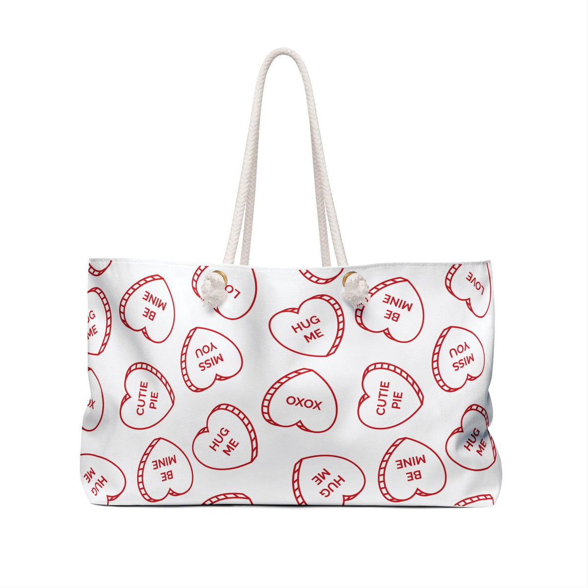 Valentine Conversation Hearts Weekender Bag — Cute Red Heart Candy Print