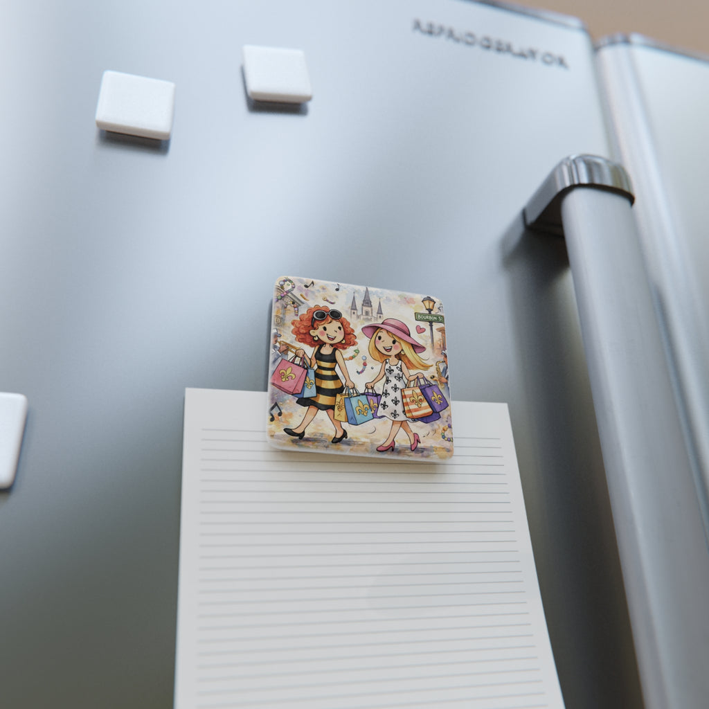 New Orleans Shopping Friends Porcelain Square Magnet — Bourbon Street, Fleur-de-lis Souvenir