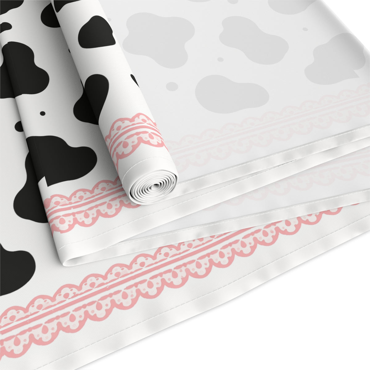 Cow Print Table Runner with Pink Trim — Farmhouse Cotton/Poly Dining Decor