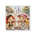 Die-Cut Magnet — Girls Enjoying Beignets on Bourbon Street (New Orleans Travel Souvenir)