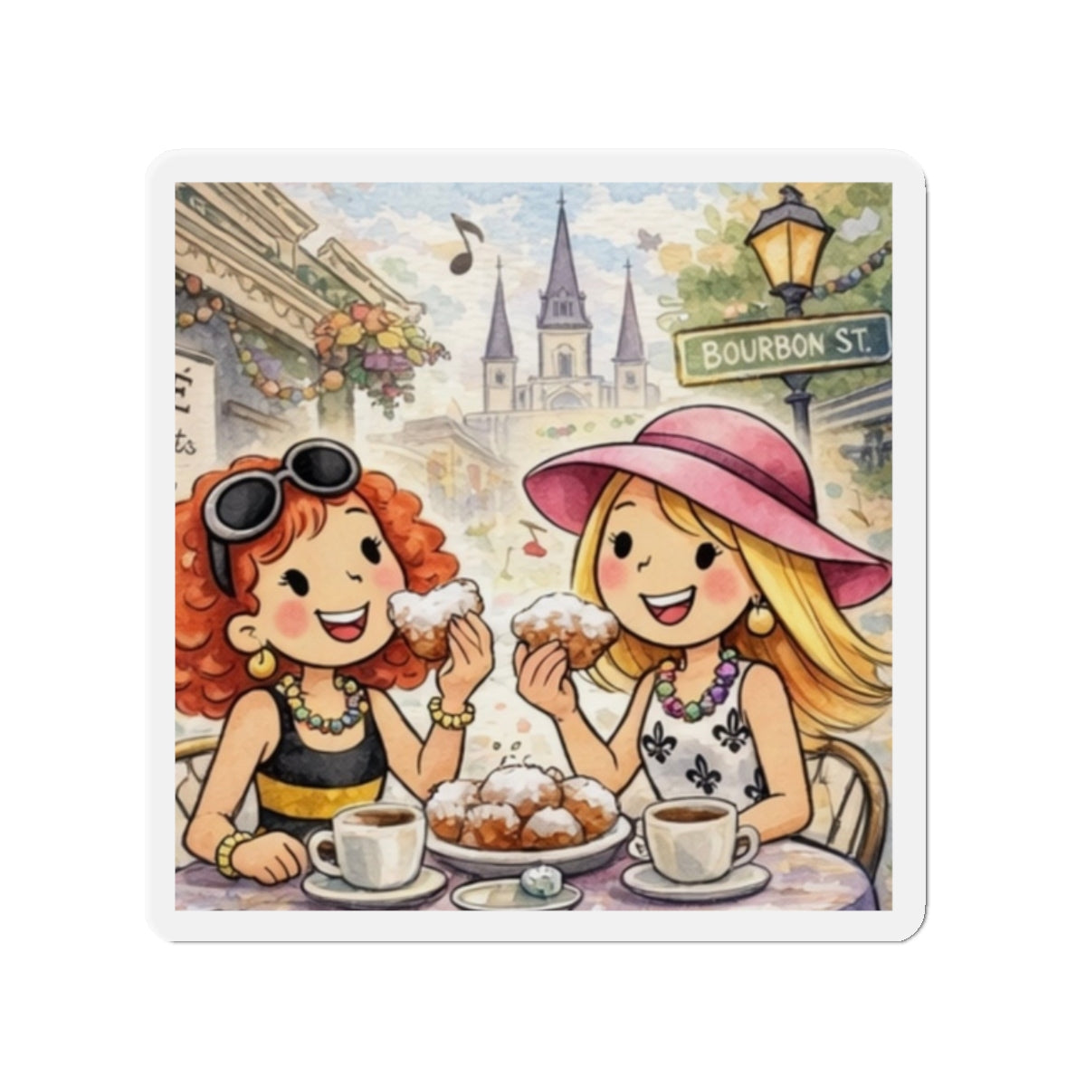 Die-Cut Magnet — Girls Enjoying Beignets on Bourbon Street (New Orleans Travel Souvenir)
