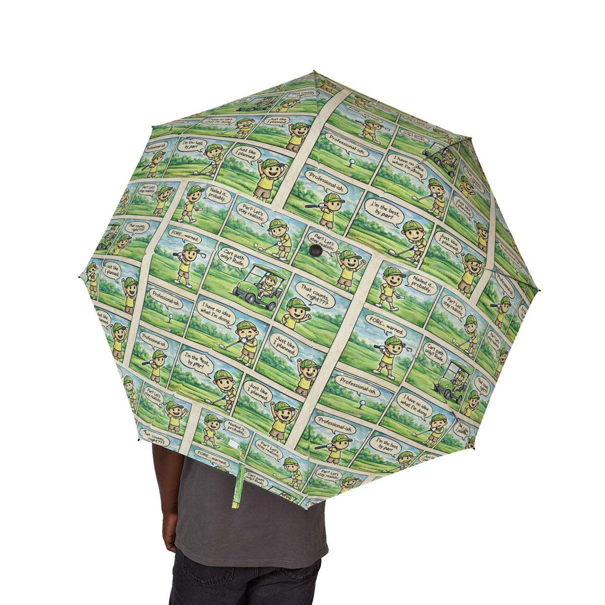 Compact Foldable Umbrella — Green Comic Strip Pattern, Semi‑Automatic Travel Umbrella