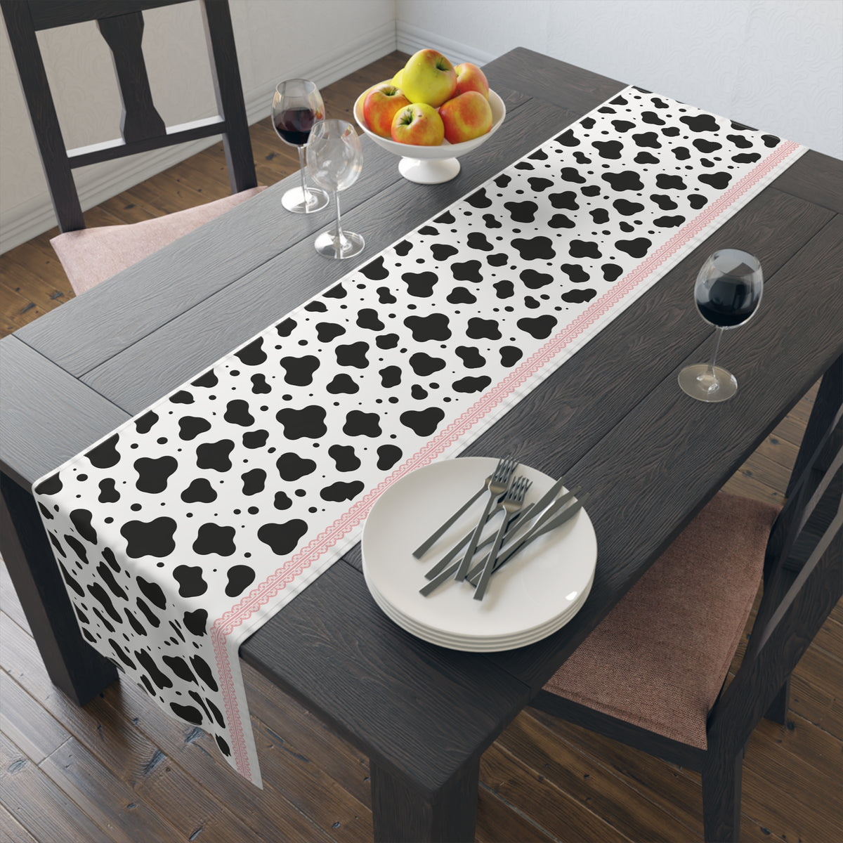 Cow Print Table Runner with Pink Trim — Farmhouse Cotton/Poly Dining Decor