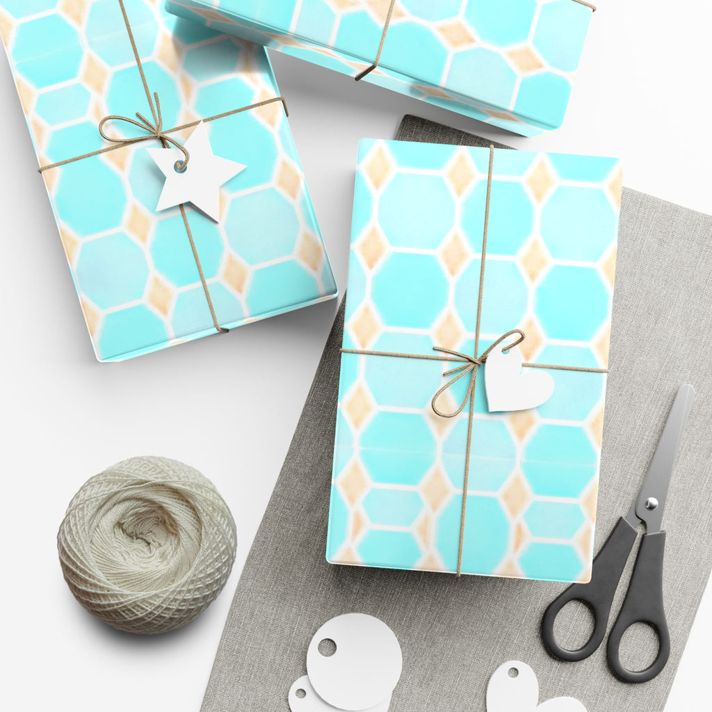 Gift Wrap Paper – Aqua Honeycomb Geometric Pattern (Turquoise & Coral)