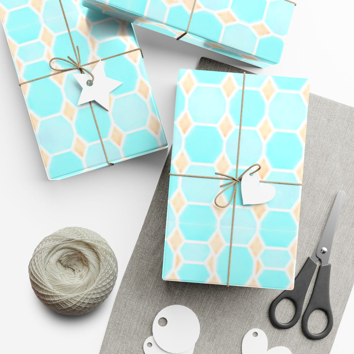 Gift Wrap Paper – Aqua Honeycomb Geometric Pattern (Turquoise & Coral)
