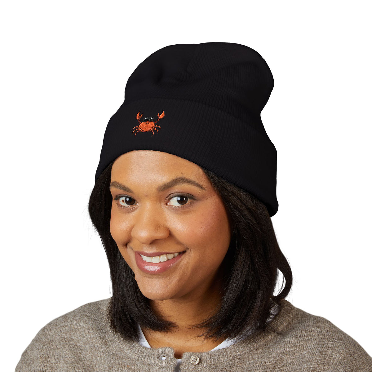 Embroidered Crab Cuffed Beanie — Cute Coastal Knit Hat