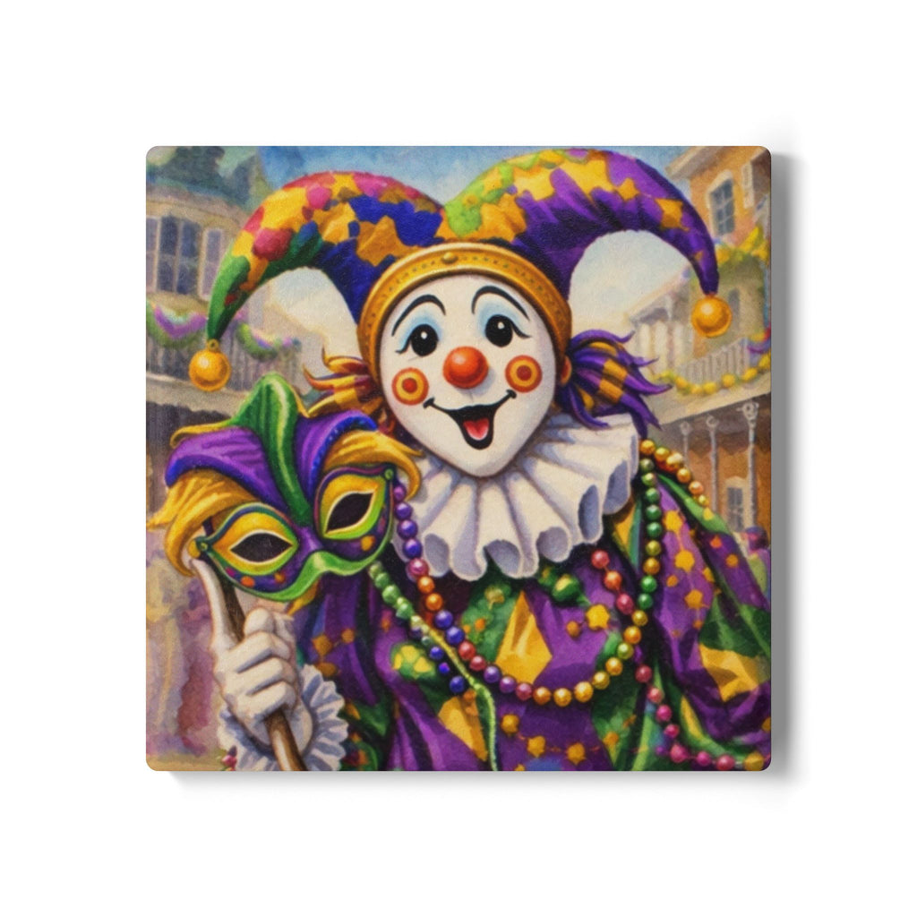 Mardi Gras Jester Ceramic Coaster — Colorful Carnival Mask & Beads Drink Coaster