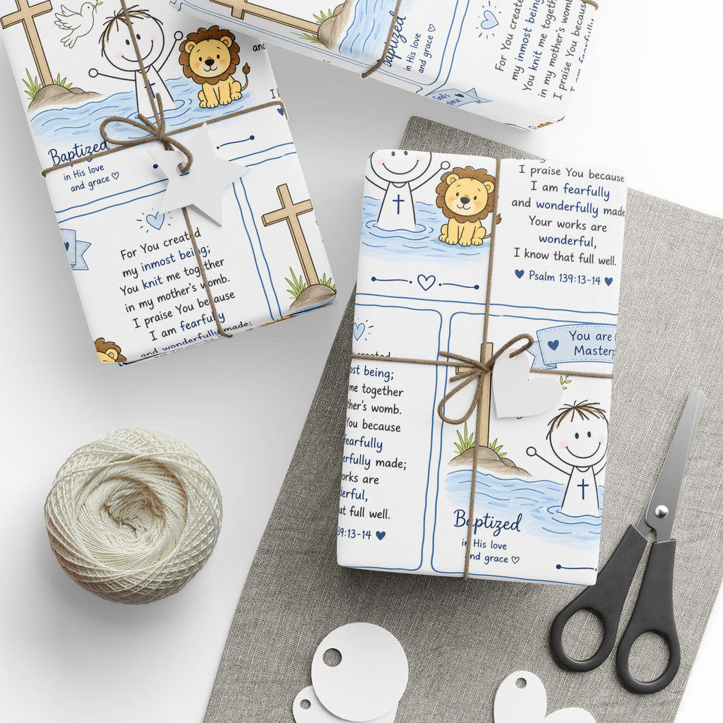 Christian Baby Boy Baptism Wrapping Paper | Psalm 139 Gift Wrap | Baptized in His Love Design | Religious Baby Shower Gift Wrap | Blue Baptism Paper