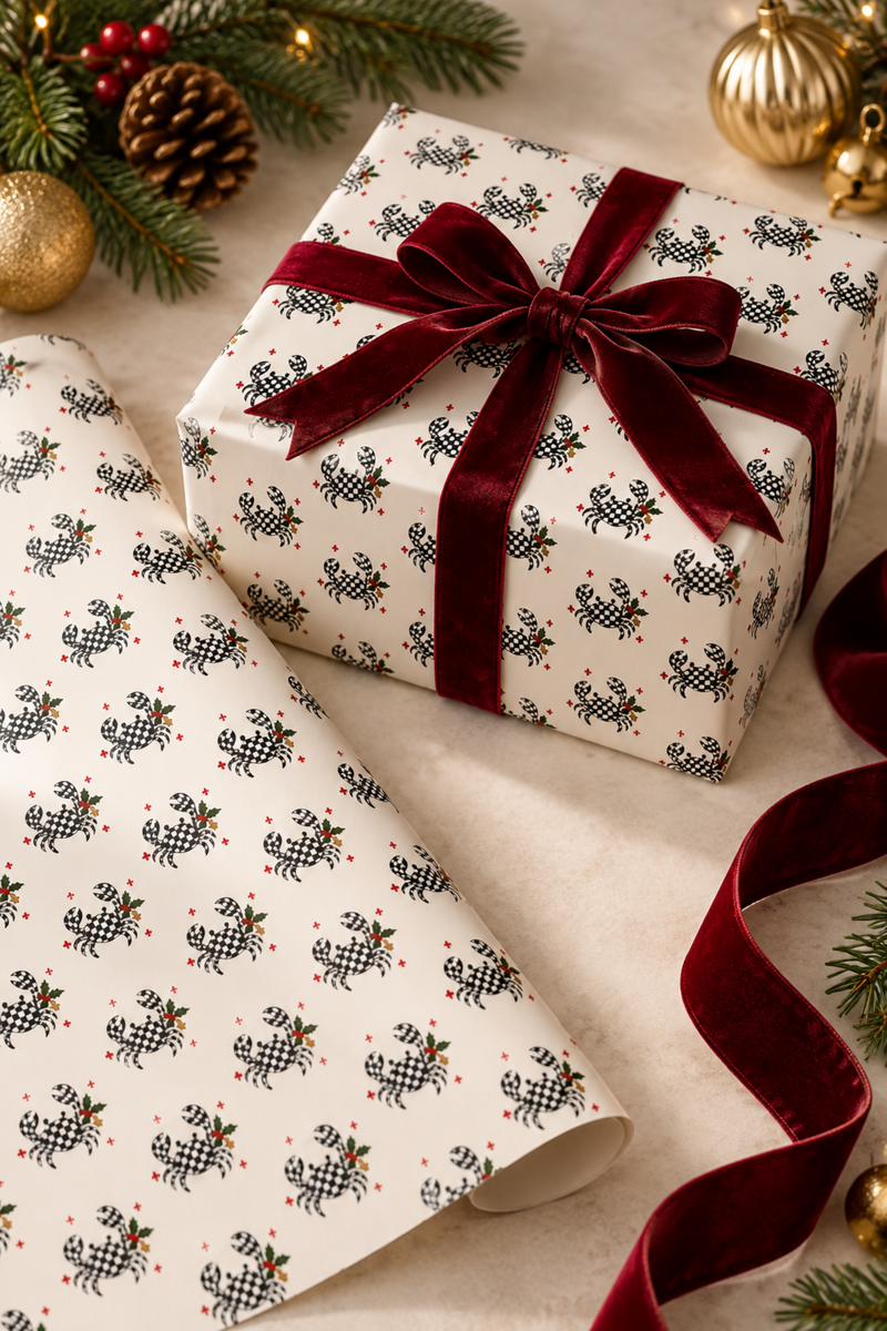 Cajun Christmas Checkered Crab Wrapping Paper-zoom-