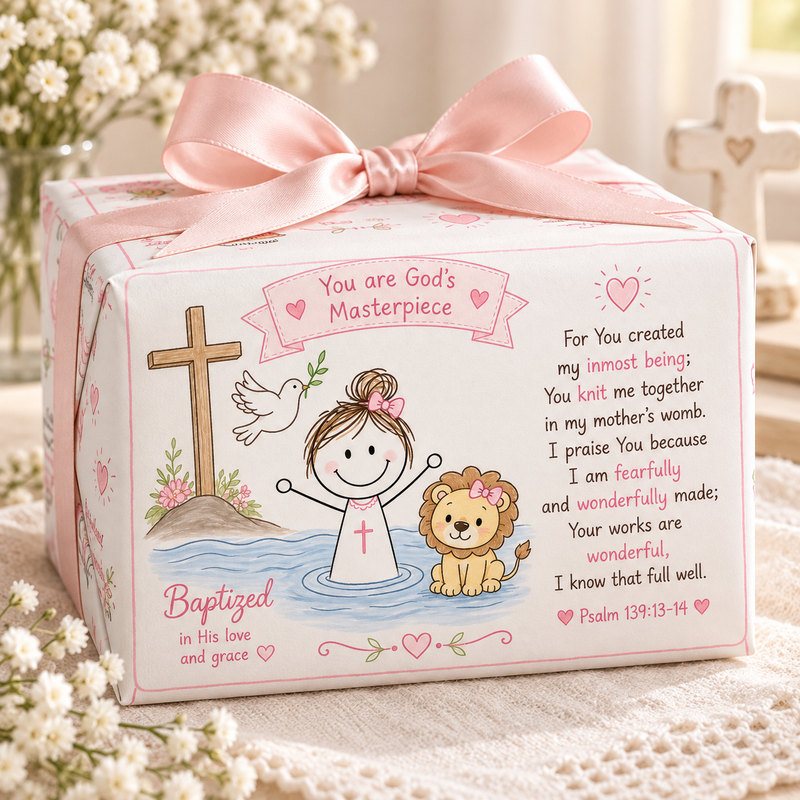 Little Lioness of Faith – Baby Girl Baptism Wrapping Paper-zoom-