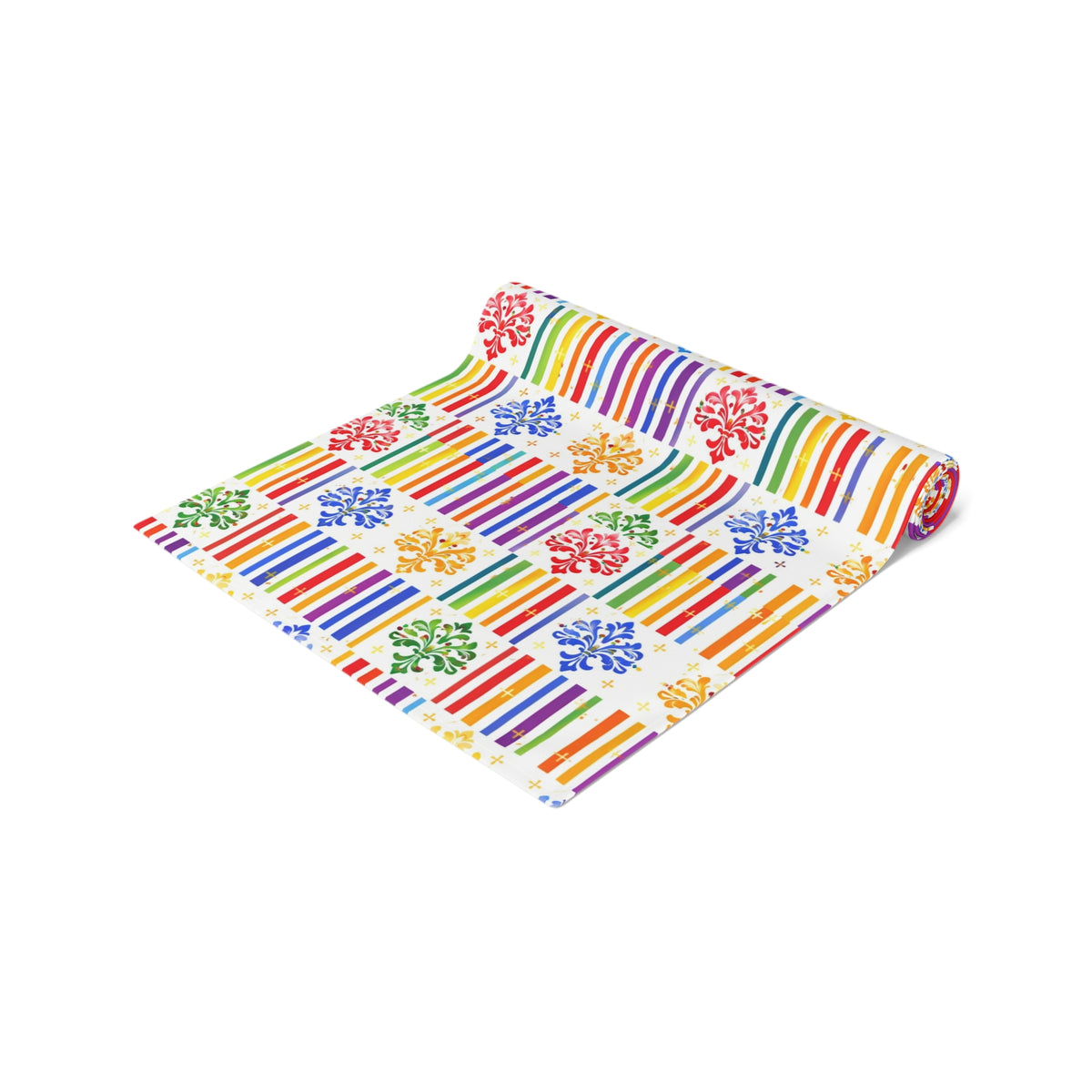 Colorful Stripes & Floral Pattern Table Runner — Cotton-Poly Decorative Dining Accent