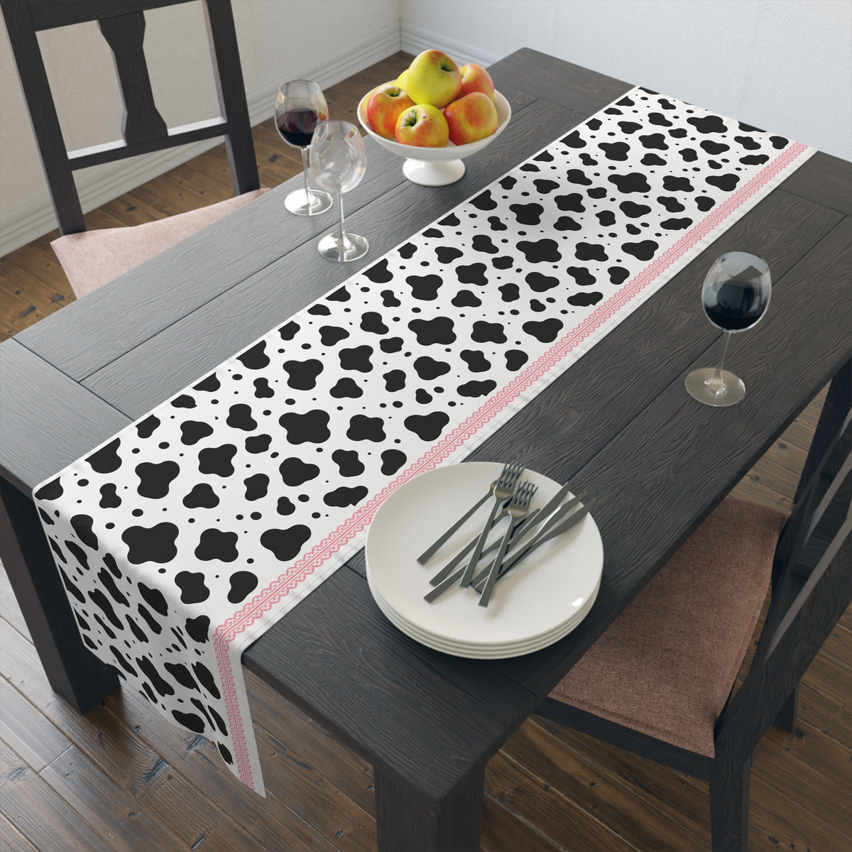 Cow Print Table Runner with Pink Trim — Farmhouse Cotton/Poly Dining Decor