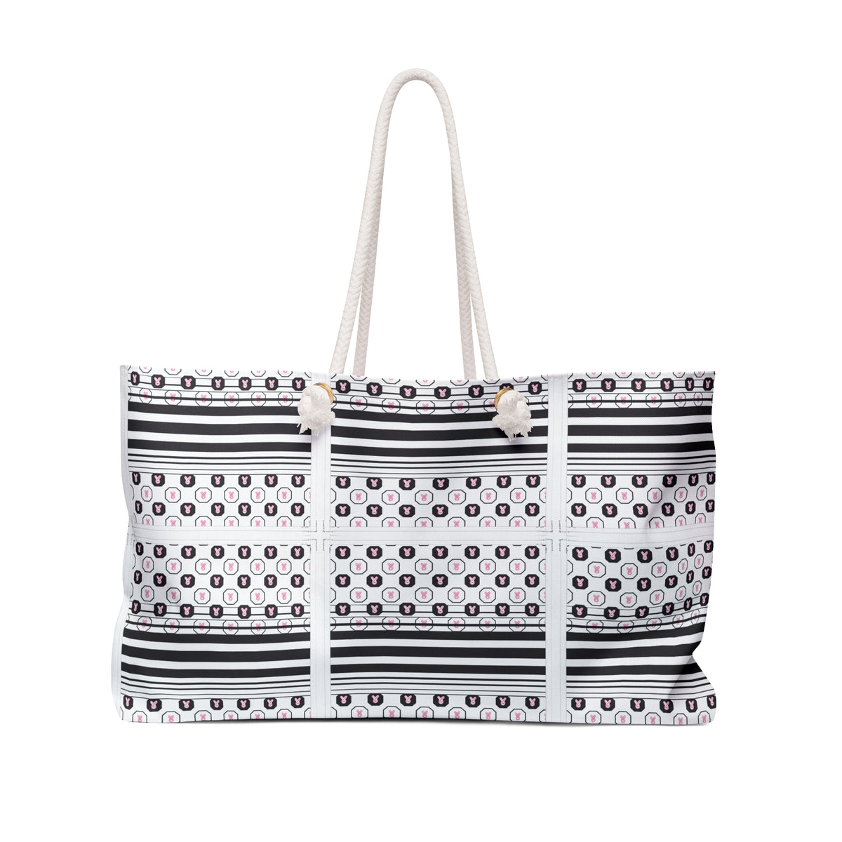 Monochrome Striped Weekender Bag – Boho Travel Tote with Rope Handles