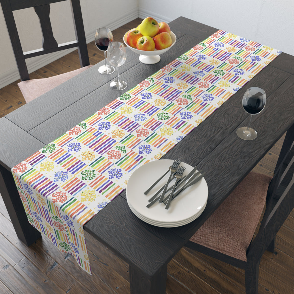 Colorful Stripes & Floral Pattern Table Runner — Cotton-Poly Decorative Dining Accent