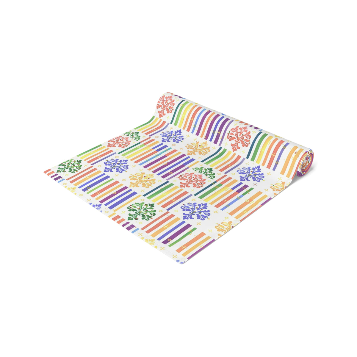 Colorful Stripes & Floral Pattern Table Runner — Cotton-Poly Decorative Dining Accent