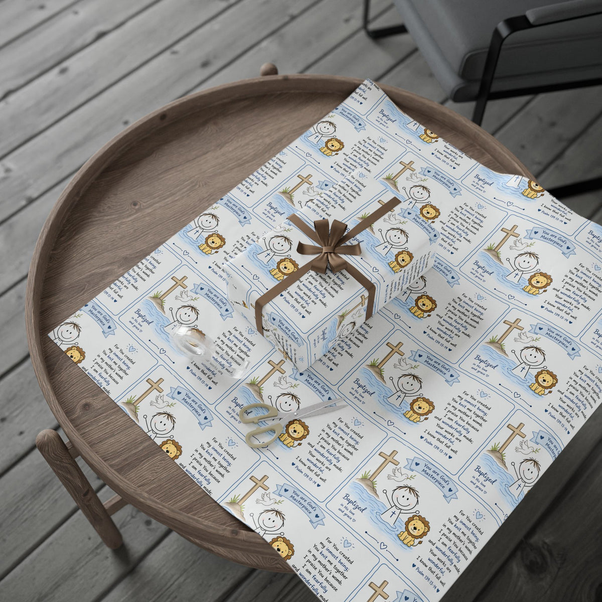 Christian Baby Boy Baptism Wrapping Paper | Psalm 139 Gift Wrap | Baptized in His Love Design | Religious Baby Shower Gift Wrap | Blue Baptism Paper