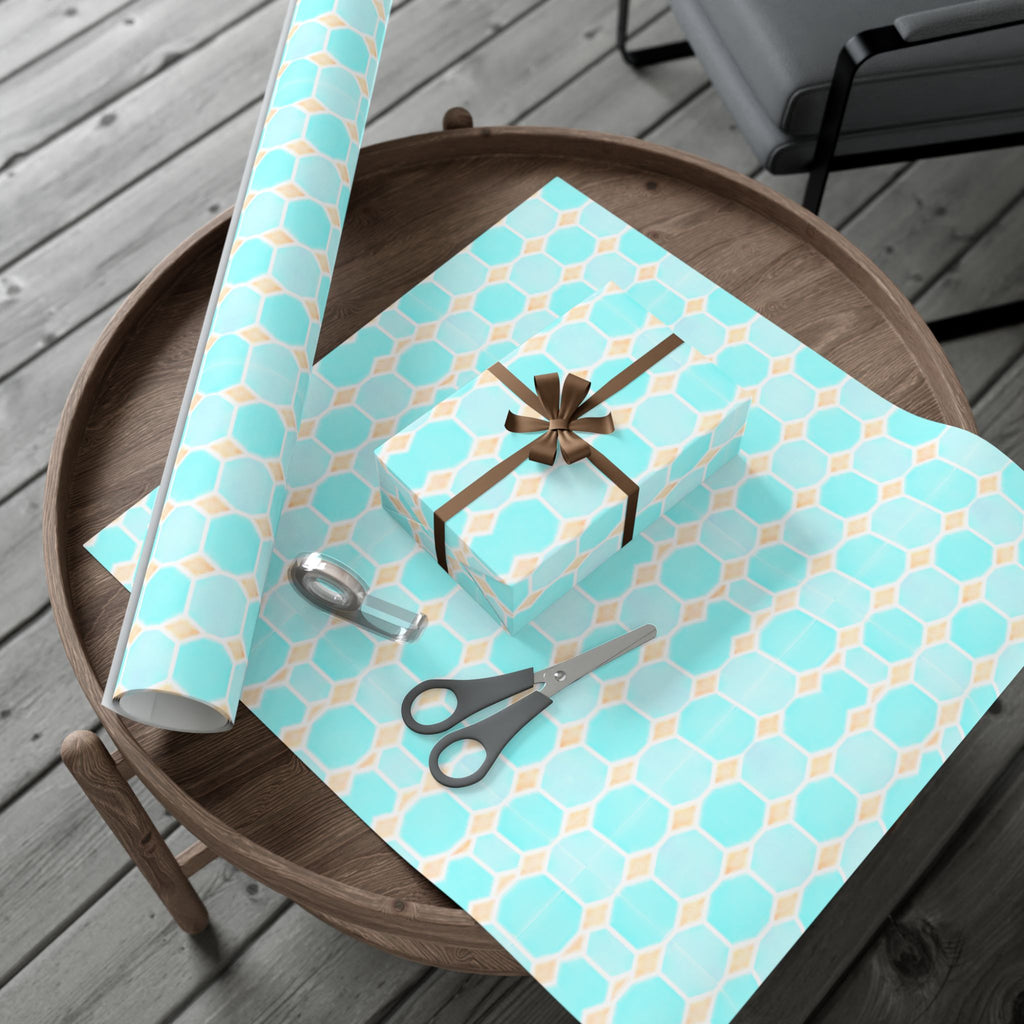 Gift Wrap Paper – Aqua Honeycomb Geometric Pattern (Turquoise & Coral)