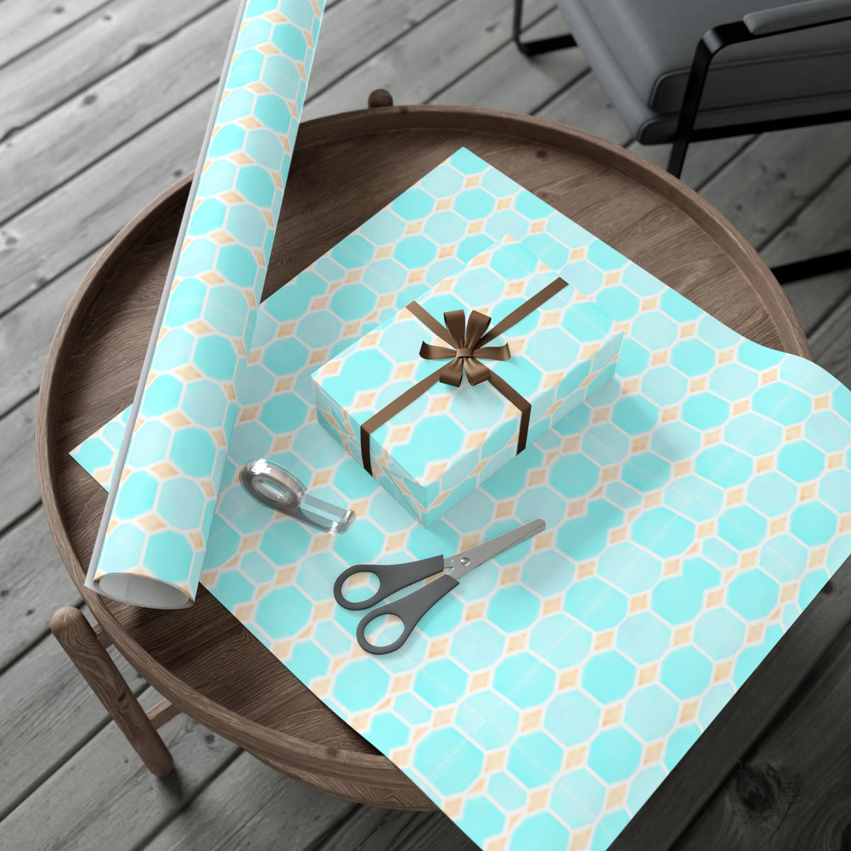 Gift Wrap Paper – Aqua Honeycomb Geometric Pattern (Turquoise & Coral)