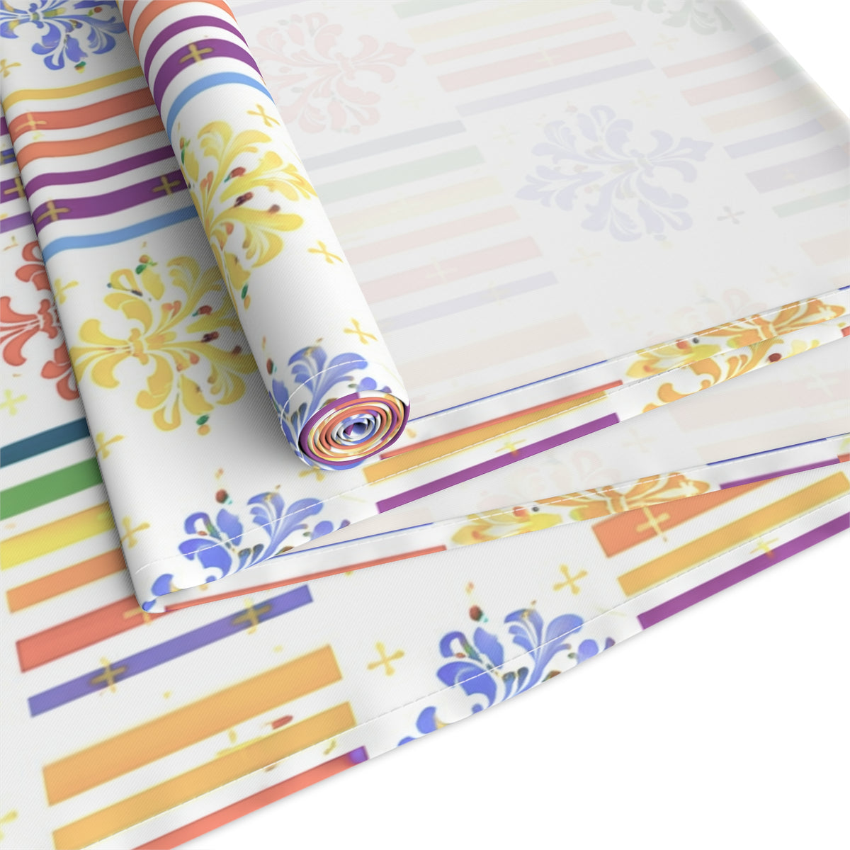 Colorful Stripes & Floral Pattern Table Runner — Cotton-Poly Decorative Dining Accent