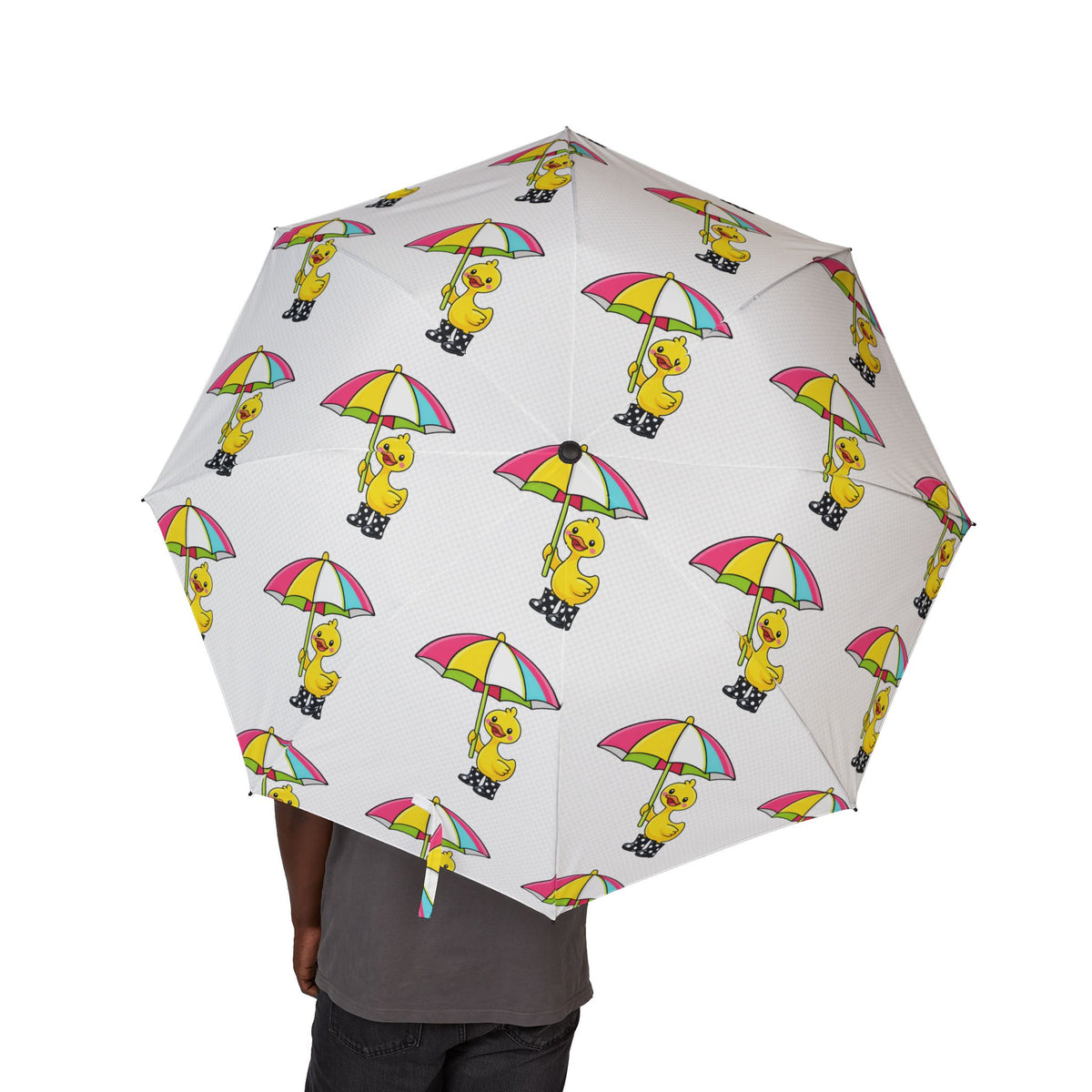 Foldable Umbrella — Cute Yellow Duck with Rainbow Beach Umbrella Pattern