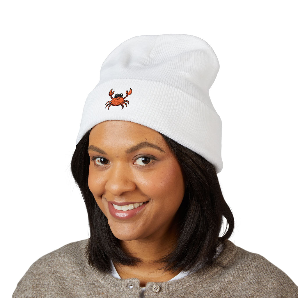 Embroidered Crab Cuffed Beanie — Cute Coastal Knit Hat