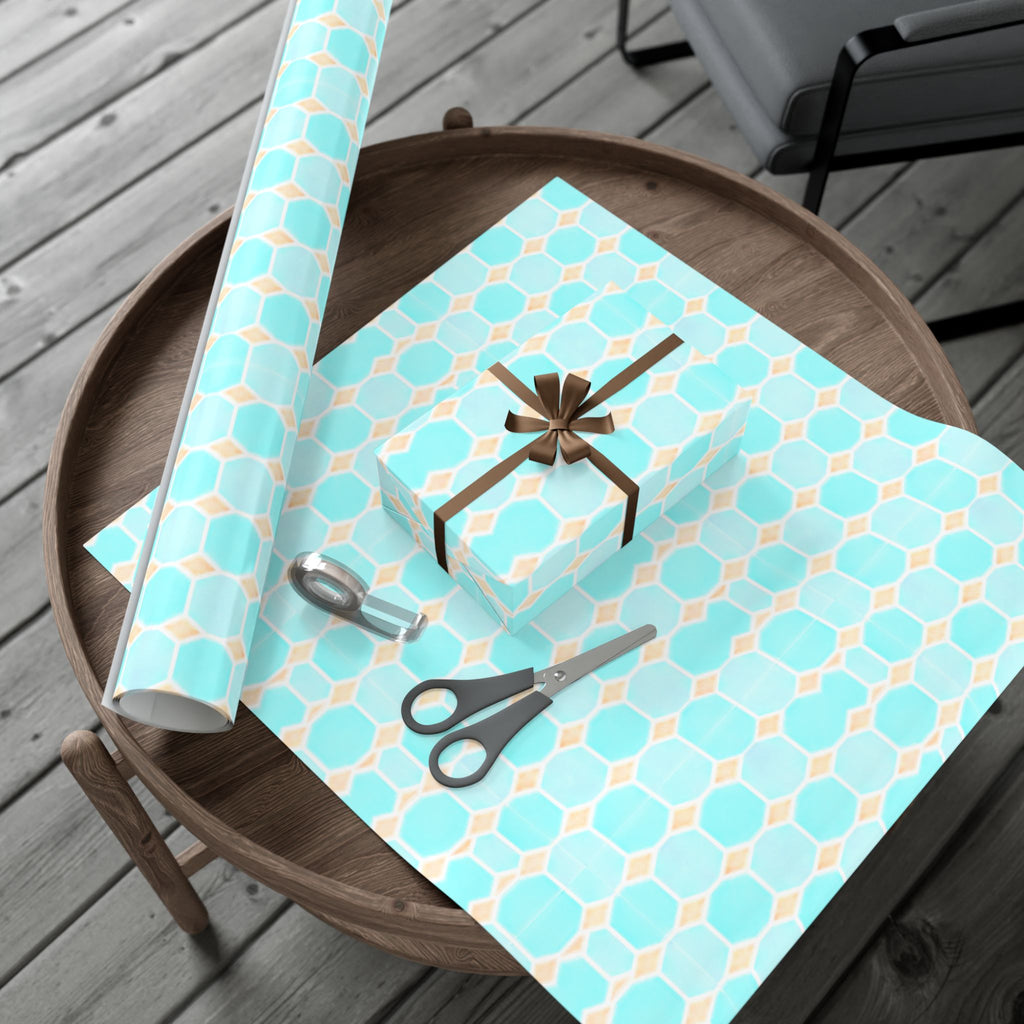 Gift Wrap Paper – Aqua Honeycomb Geometric Pattern (Turquoise & Coral)