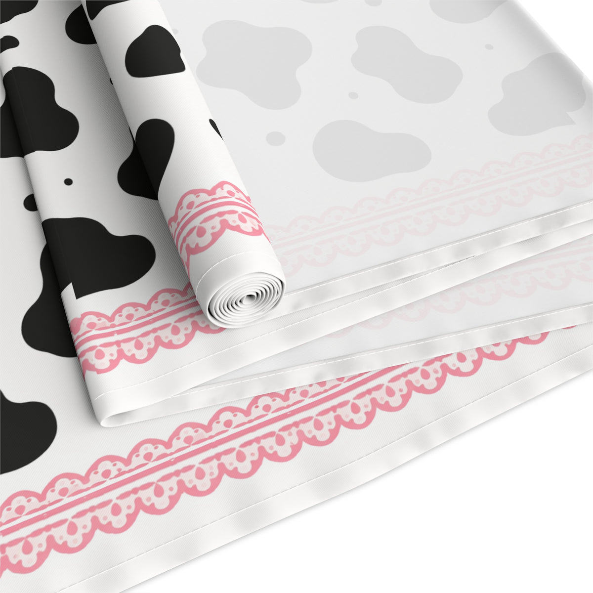 Cow Print Table Runner with Pink Trim — Farmhouse Cotton/Poly Dining Decor