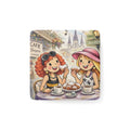 Square Porcelain Magnet – Café Friends Illustration (Girls Enjoying Beignets)