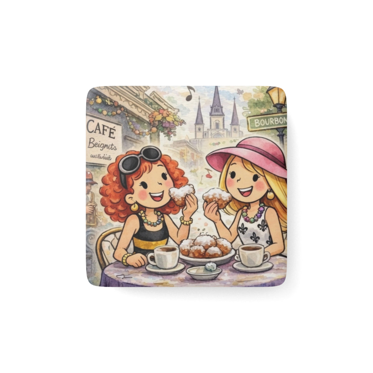 Square Porcelain Magnet – Café Friends Illustration (Girls Enjoying Beignets)