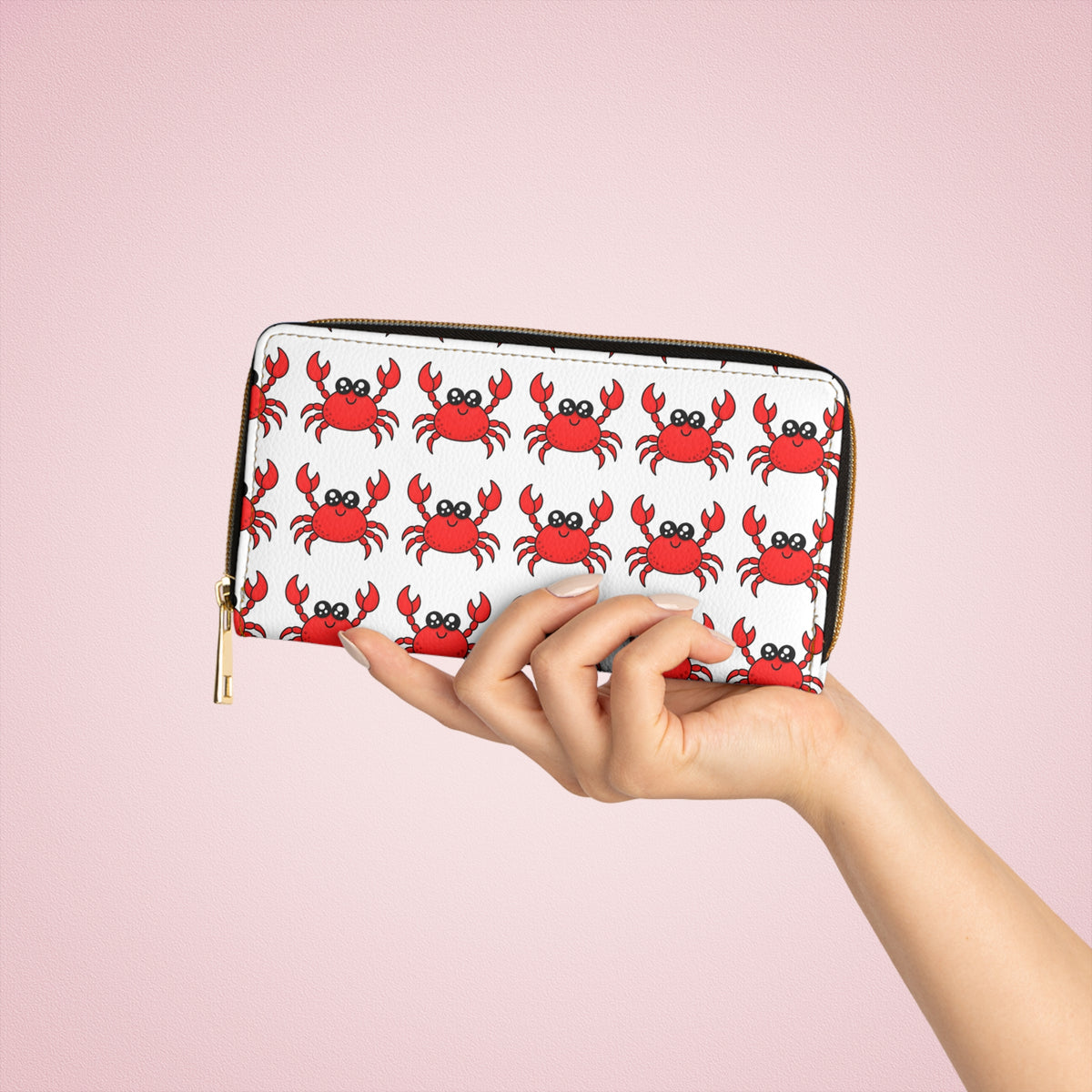 Crab Pattern Zipper Wallet — Cute Red Crab Print Wallet