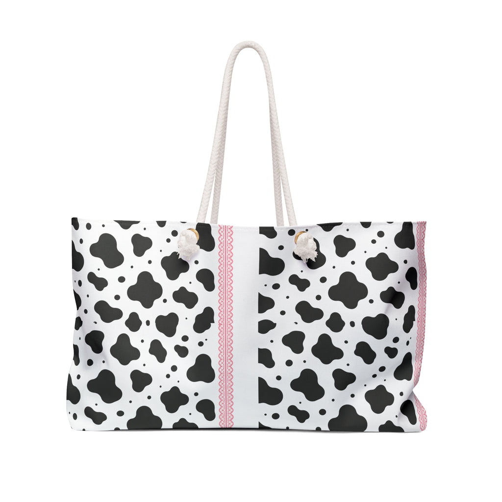 Cow Print Weekender Bag — Black & White Pattern with Pink Stripe