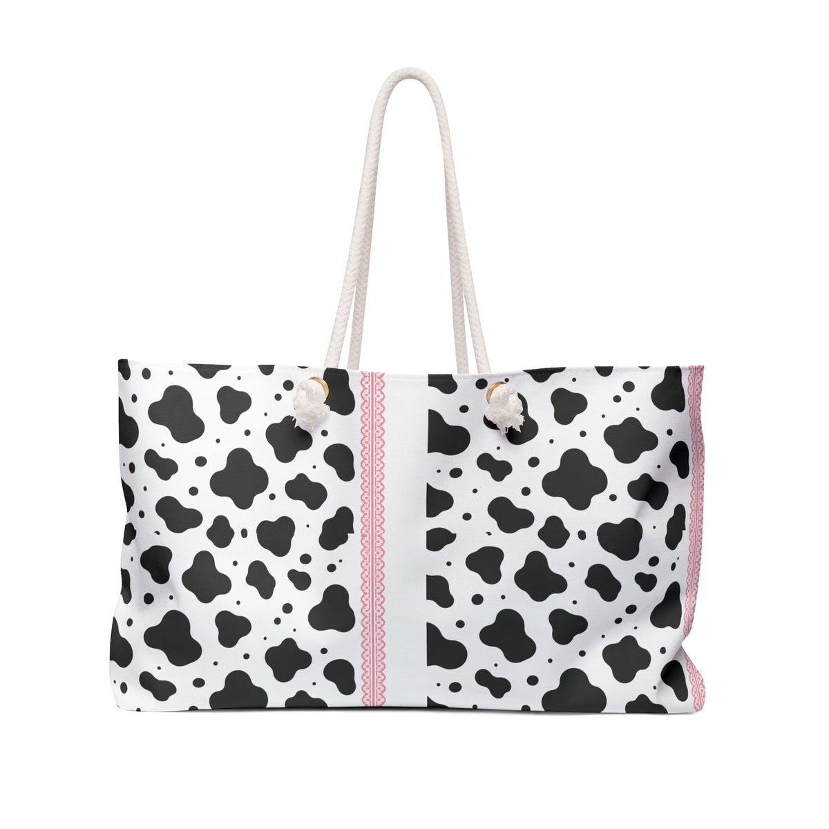 Cow Print Weekender Bag — Black & White Pattern with Pink Stripe