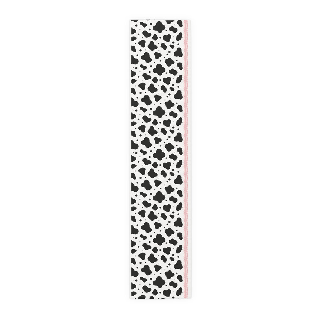 Cow Print Table Runner with Pink Trim — Farmhouse Cotton/Poly Dining Decor