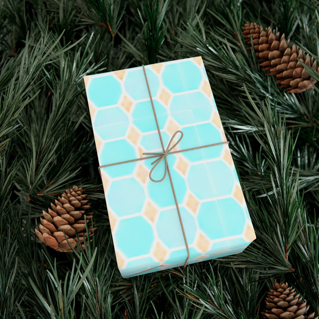 Gift Wrap Paper – Aqua Honeycomb Geometric Pattern (Turquoise & Coral)